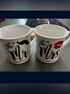 Mr. & Mrs. Ceramic Coffee Mug Set - White with Black and Red Accents
